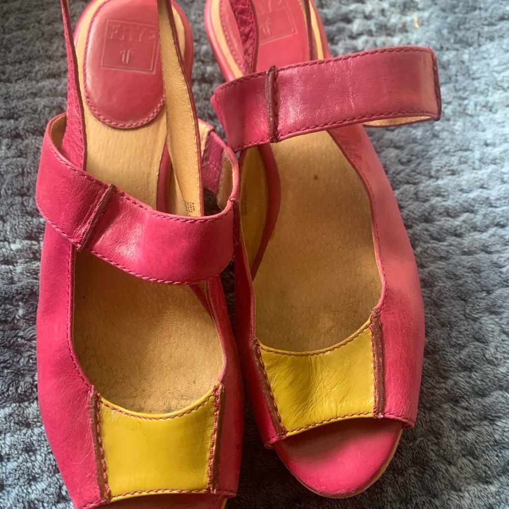 FRYE, Hot pink leather, platform wedges.